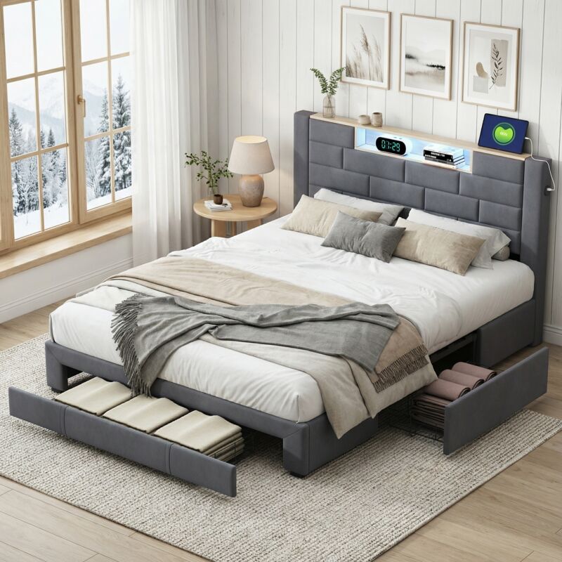 Lit adulte 140x200, 3 tiroirs, éclairage LED, ports USB/Type-C, lit double capitonné, tête de lit avec rangement, velours, style moderne
