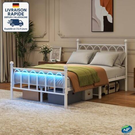 Lit adulte 120 x 200 cm - Cadre de lit en métal Station de charge USB - Source de lumière LED - Blanc