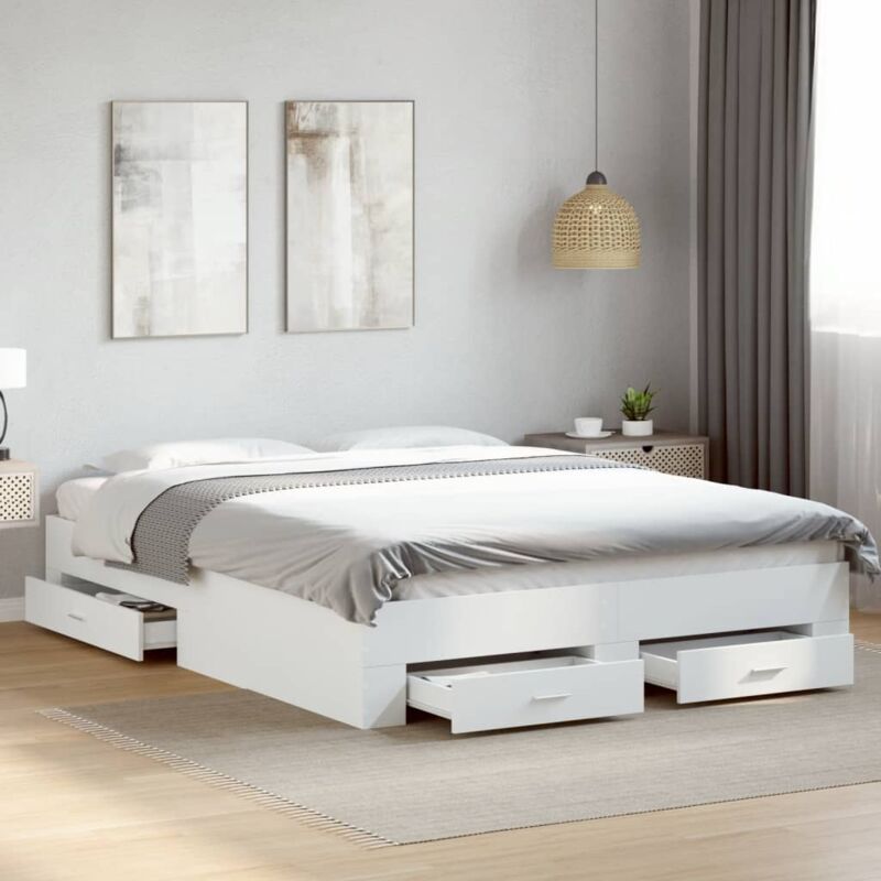 Lit adulte- 140x200cm, Lit double avec tiroirs blanc bois d'ingénierie CON46223 design in