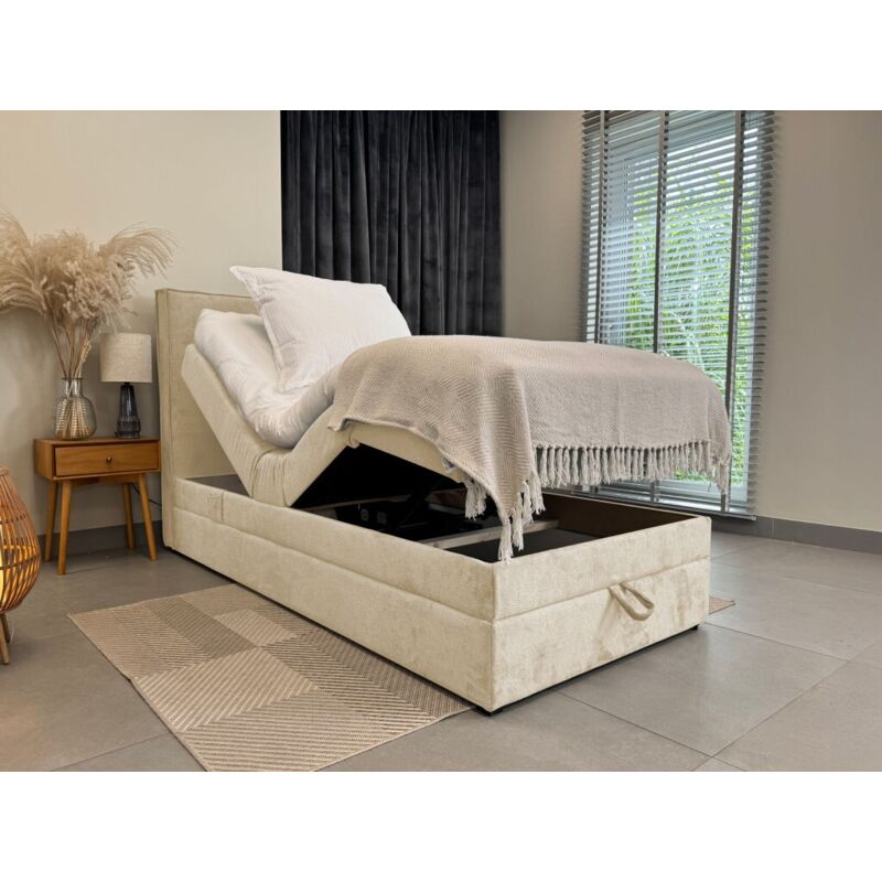 Lit adulte 120x200 SORRENTO - ensemble relaxation électrique, matelas ressorts ensachés, rangement, surmatelas en tissu beige