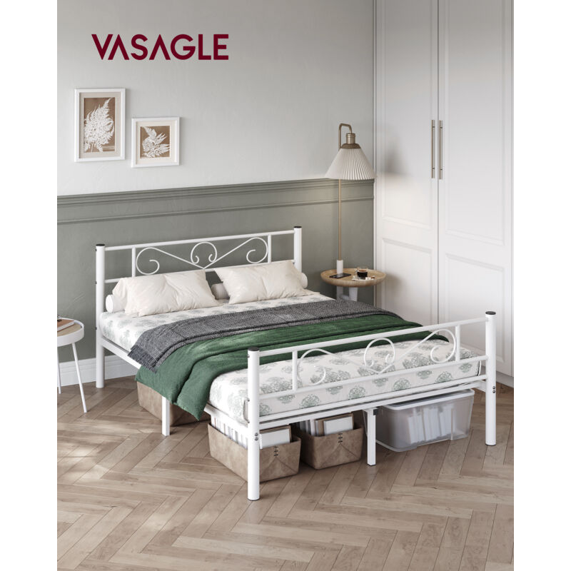 Vasagle - Lit adulte 140 x 190 cm, Cadre de lit en métal, pour Adultes, Adolescents, Blanc