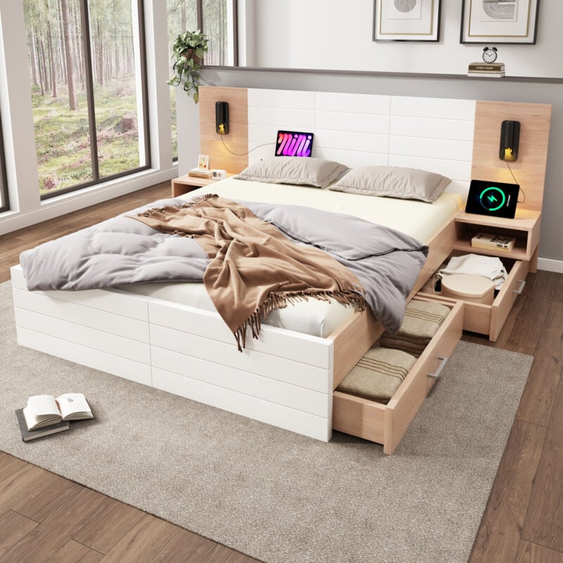 Lit adulte 180 x 200 cm, 2 tiroirs, chargement usb, liseuse, 2 Compartiment de rangement de chevet, lit double, blanc + naturel, sans matelas