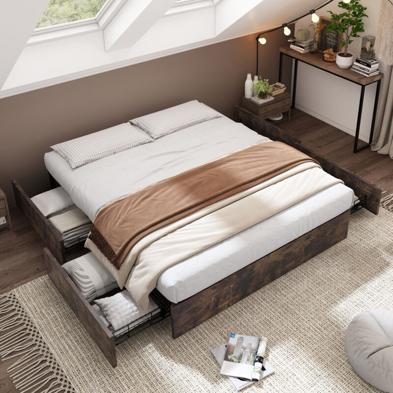 Lit adulte 140 x 200 cm, 4 tiroirs, lit double, lit en fer, métal, sans matelas, sans tête de lit, marron foncé