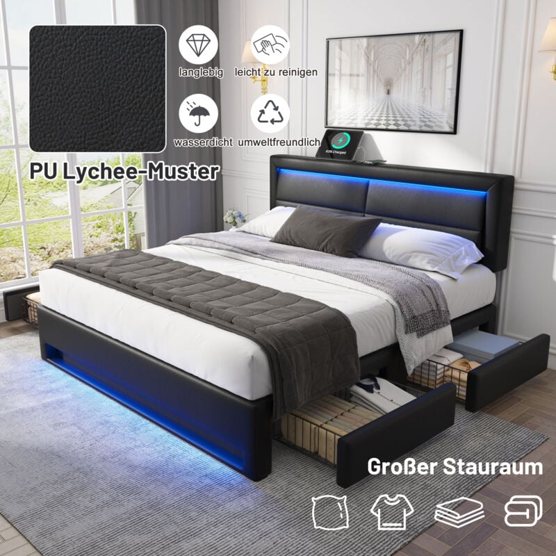 Lit adulte 140 x 200 cm, 4 tiroirs, usb (prend en charge la recharge sans fil et filaire), led, pu, ​​​​sans matelas, noir