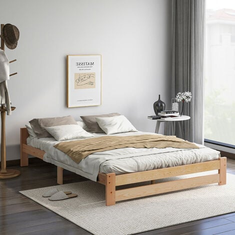 Lit adulte 140 x 200 cm - cadre de lit en bois massif, lit double avec sommier à lattes et tête de lit, adapté pour adultes, ados, enfants - Naturel