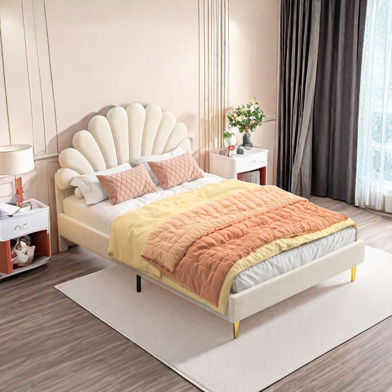 Sureh - lit adulte 140 x 200 cm, lit capitonné, lit double rembourré, lit avec dossier moelleux, lit double avec tête de lit à pétales et pieds en