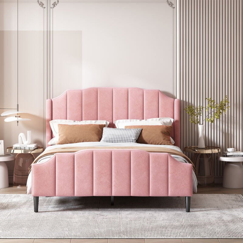 Lit adulte 140 x 200 cm Lit double capitonné cadre de lit avec tête de lit, Velours - rose