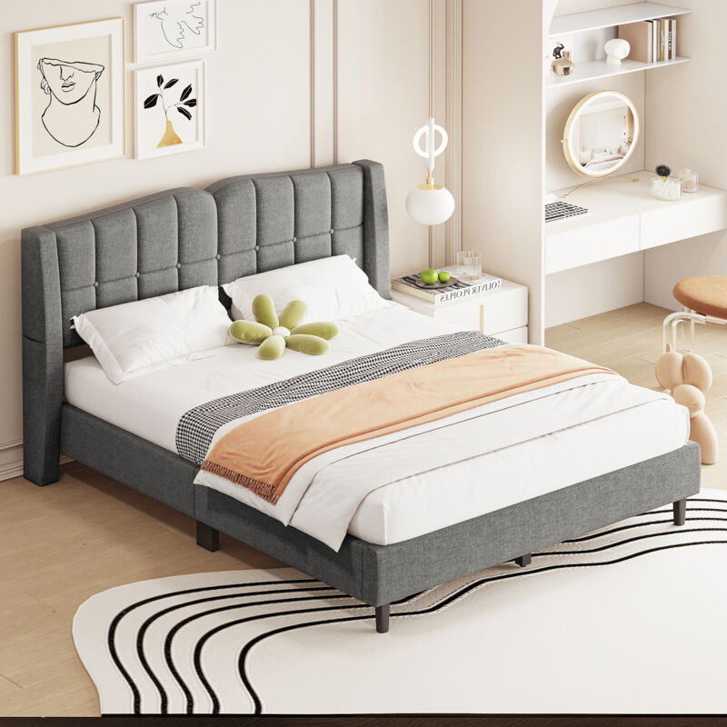 Lit adulte 140 x 200 cm, sommier à lattes, lit double, lin, sans matelas, gris