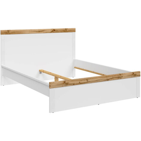 Lit adulte 140 x 200 lit 2 places, coloris Blanc/Chêne wotan - Longueur 204,5 x Profondeur 149 x Hauteur 40,5-100,5 cm