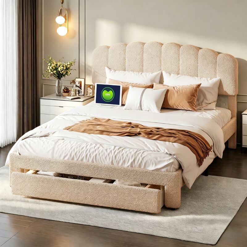lit adulte 140 x 200, lit double 140 x 200, tiroir de lit arrière, tête de lit réglable en hauteur, 2 ports USB et 1 port Type-C, velours teddy, beige