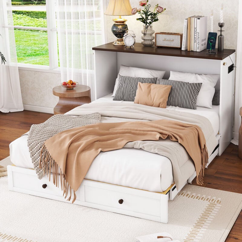 Lit adulte 140 x 200cm, lit escamotable , tiroir en bout de lit, avec usb et prise, sans matelas, blanc