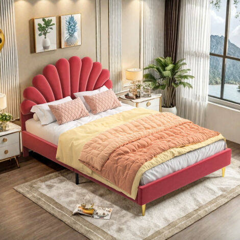 Lit adulte 140 x 200–Lit double 140 x 200–Tête de lit à hauteur réglable en forme de fleur–Pieds métal–Scandinave moderne–Velour–Bordeaux