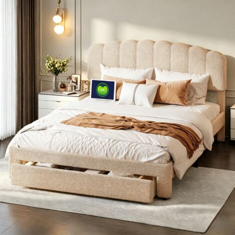 Lit adulte 140 x 200–Lit double 140 x 200–Tiroir de lit arrière–Tête de lit réglable en hauteur–2 ports USB et 1 port Type-C–Velour teddy–Beige