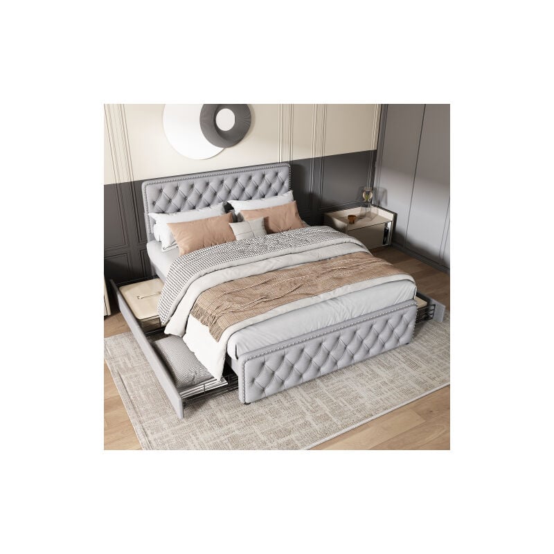 Lit adulte 180×200 cm, lit rembourré avec sommier à lattes, 4 tiroirs, tête de lit réglable en hauteur, décor rivet, lin, gris clair, sans matelas