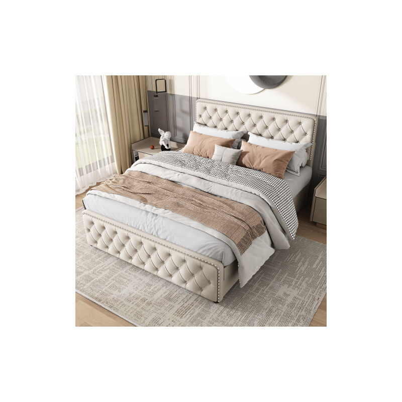 Wishdor - Lit adulte 140×190 cm, lit double rembourré avec sommier à lattes, 4 tiroirs, tête de lit réglable en hauteur, décor rivet, lin, beige,