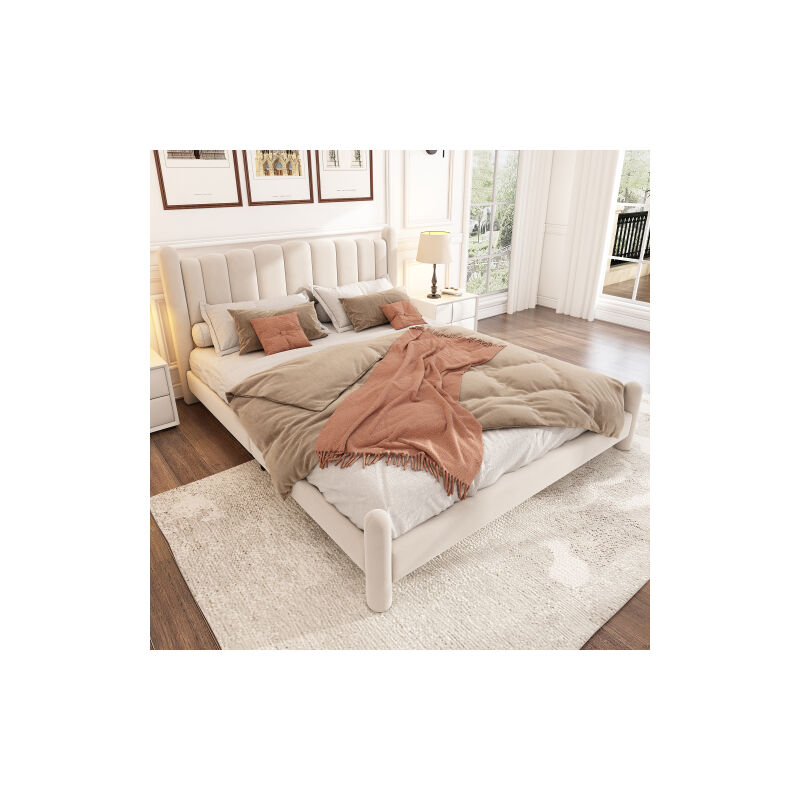Wishdor - Lit adulte 160×200 cm, lit double rembourré avec sommier à lattes, tête de lit festonnée, pieds de support cylindriques, velours, beige,