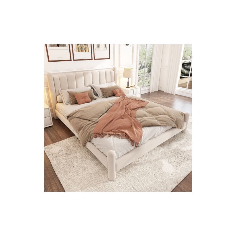Wishdor - Lit adulte 180×200 cm, lit double rembourré avec sommier à lattes, tête de lit festonnée, pieds de support cylindriques, velours, beige,