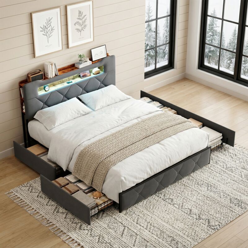 Lit adulte 140x190, 4 tiroirs, lit double capitonné avec éclairage LED & ports USB/Type-C, tête de lit avec rangement, velours, style scandinave