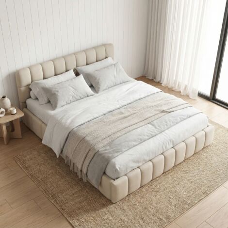 LONELYO Lit adulte 140x190 avec sommier, lit double capitonné en lin, design nuage & cadre de lit bas, style scandinave moderne(140x190cm, Beige)