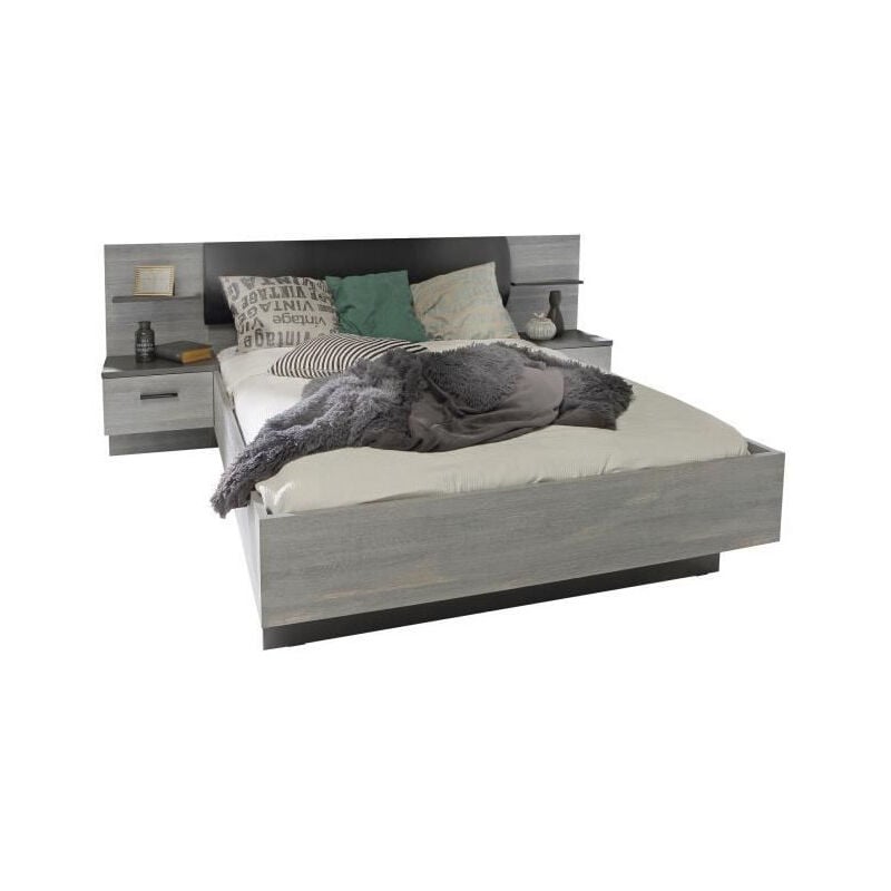Les Tendances - Lit adulte 140x190 cm + 2 chevets et tete de lit en simili - Decor chene - l 195,7 x p 235,5 x h 90,5 cm - leonard