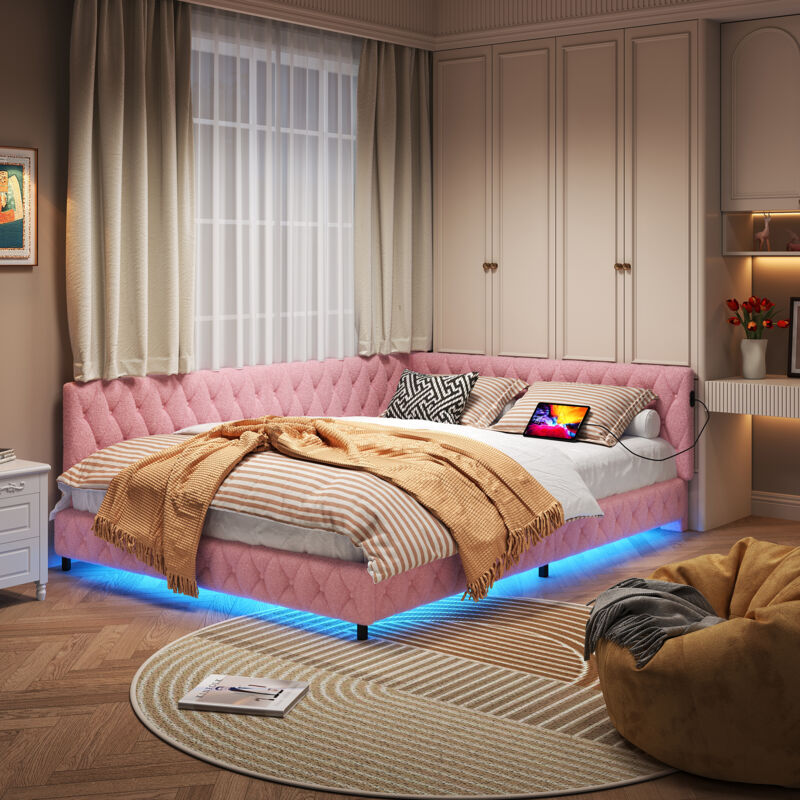 Lit adulte 140x190 cm, 2 places, avec éclairage LED, Rangement, Décoration cloutée, Sommier en bois, Cadre en métal, Lit rembourré en velours - Rose