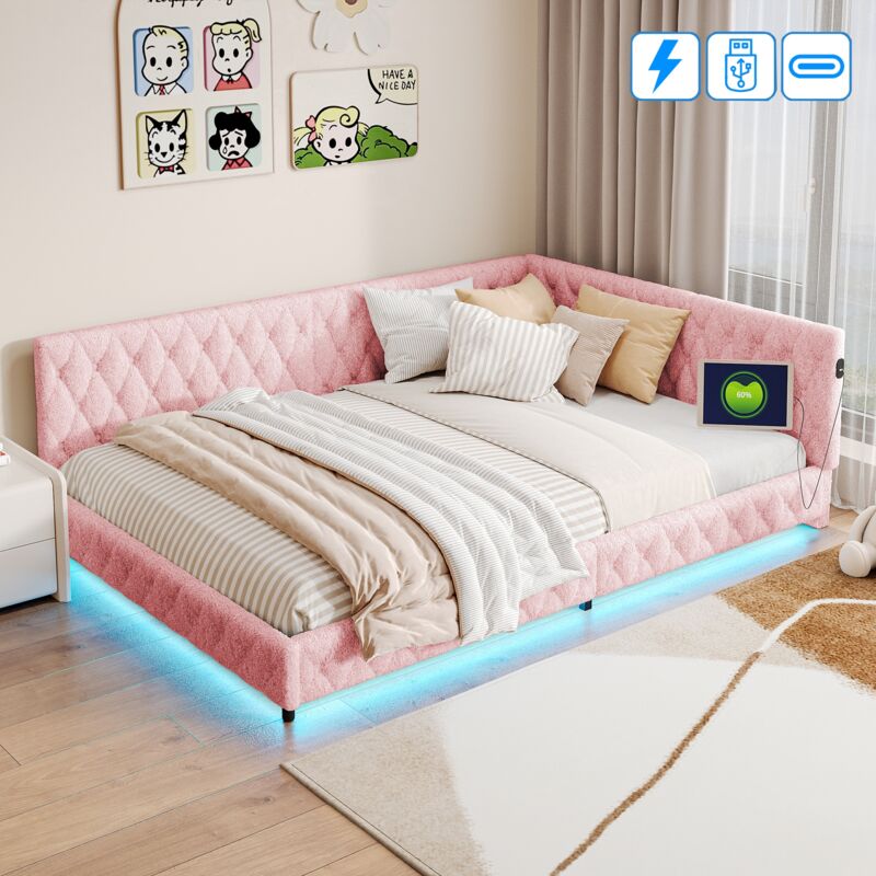 Lit simple 140x190 cm, 2 places, avec led, rangement, décoration cloutée, sommier à lattes en bois, cadre en métal, lit capitonné en Velours - Rose