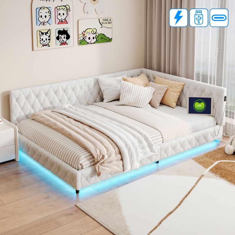 Lit simple 140x190 cm, 2 places, avec LED, rangement, décoration cloutée, sommier à lattes en bois, cadre en métal, lit capitonné en Velours - Beige