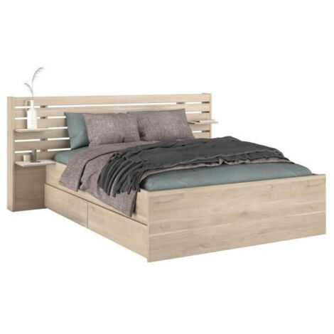 Lit adulte 140x190 cm avec 2 tiroirs de rangement – Structure en panneaux de particules – Finition chêne du Japon – Design moderne – Parisot