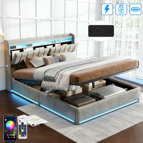 Lit Adulte 140x190 cm avec Sommier LED et USB Tpye C - Lit Coffre avec Rangement de Chevet - Lit Hydraulique -  2 Personnes - Velours - Gris