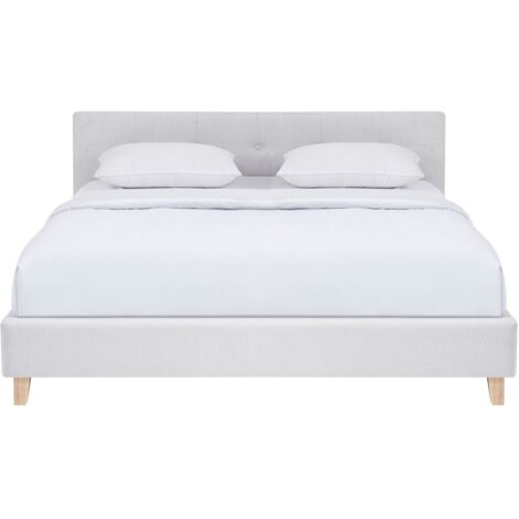 Lit adulte 140x190 cm avec tête de lit capitonnée en tissu beige - Milo