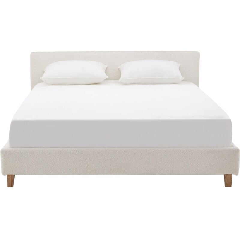 Homifab - Lit adulte 160x200 cm avec tête de lit capitonnée en tissu bouclé beige - Milo