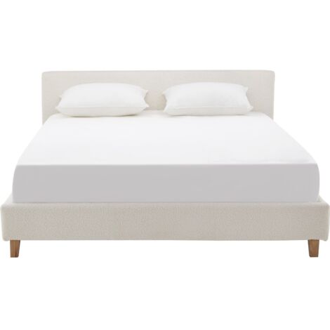 Lit adulte 140x190 cm avec tête de lit capitonnée en tissu bouclé beige - Milo