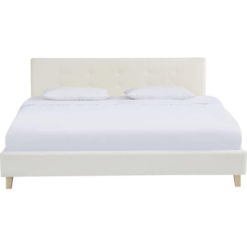 Homifab - Lit adulte 160x200 cm avec tête de lit capitonnée en velours beige - Milo