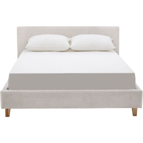 Lit adulte 140x190 cm avec tête de lit capitonnée en velours côtelé beige - Milo