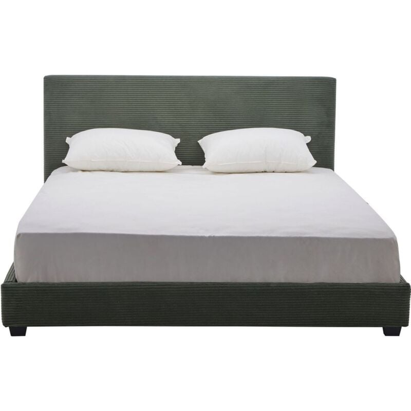 Lit adulte 160x200 cm avec tête de lit capitonnée en velours côtelé vert kaki - William