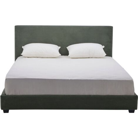 Lit adulte 140x190 cm avec tête de lit capitonnée en velours côtelé vert kaki - William