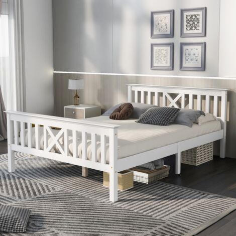 Lit adulte 140x190 cm, avec tête de lit en forme X, sommier à lattes en bois, campagnard, lit double en pin - Blanc