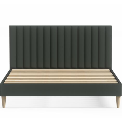 Lit adulte 140x190 cm en velours vert avec tête de lit matelassée - Eliot