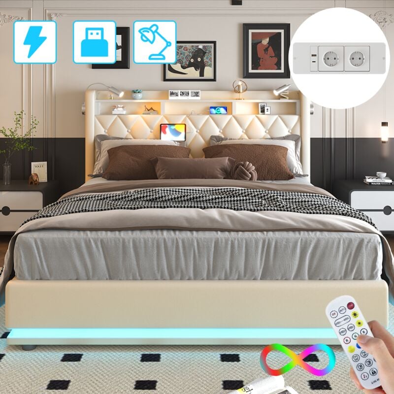 Janzdiys - Lit 140 x 190 cm avec Éclairage led et Port usb, Lit Coffre Double Capitonné avec Rangement et Tete de lit, Lit avec Lampe de Lecture, Lit