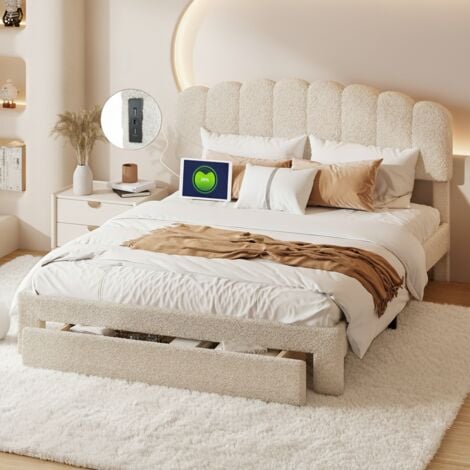 TANANT Lit adulte 140x190 cm, lit double avec grand tiroir rangement, ports USB et Type-C, tête de lit réglable en hauteur, scandinave, velours teddy, Beige