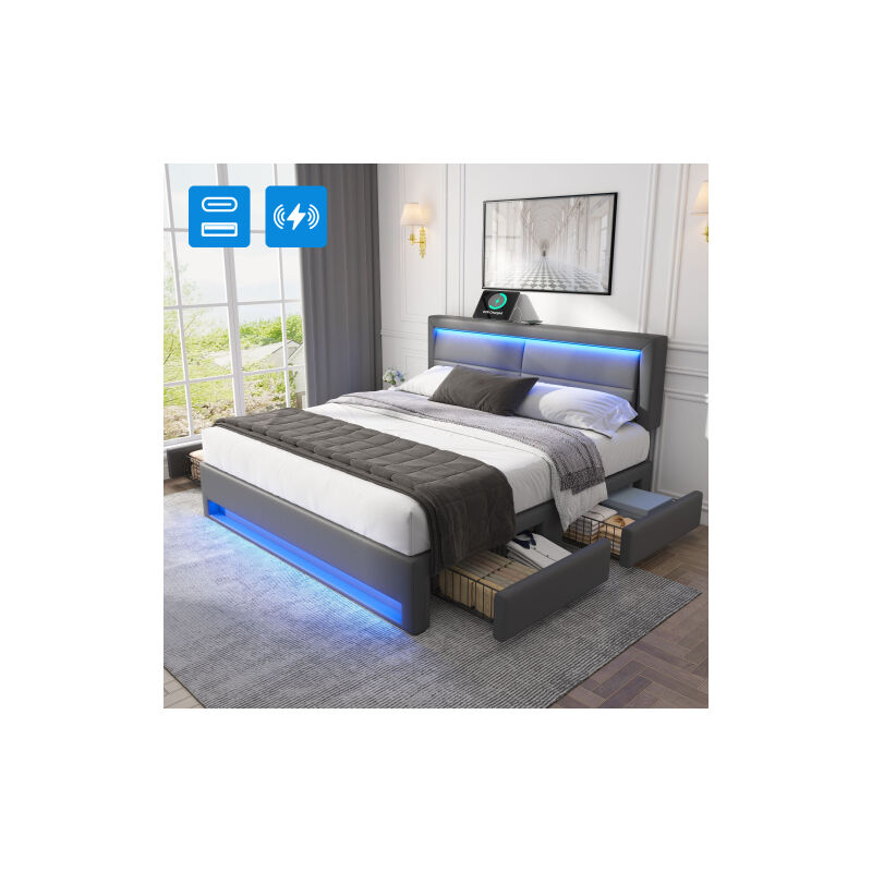 Wishdor - Lit adulte 160x200 cm, lit double capitonné avec port usb et éclairage led, 4 tiroirs, similicuir, gris, sans matelas