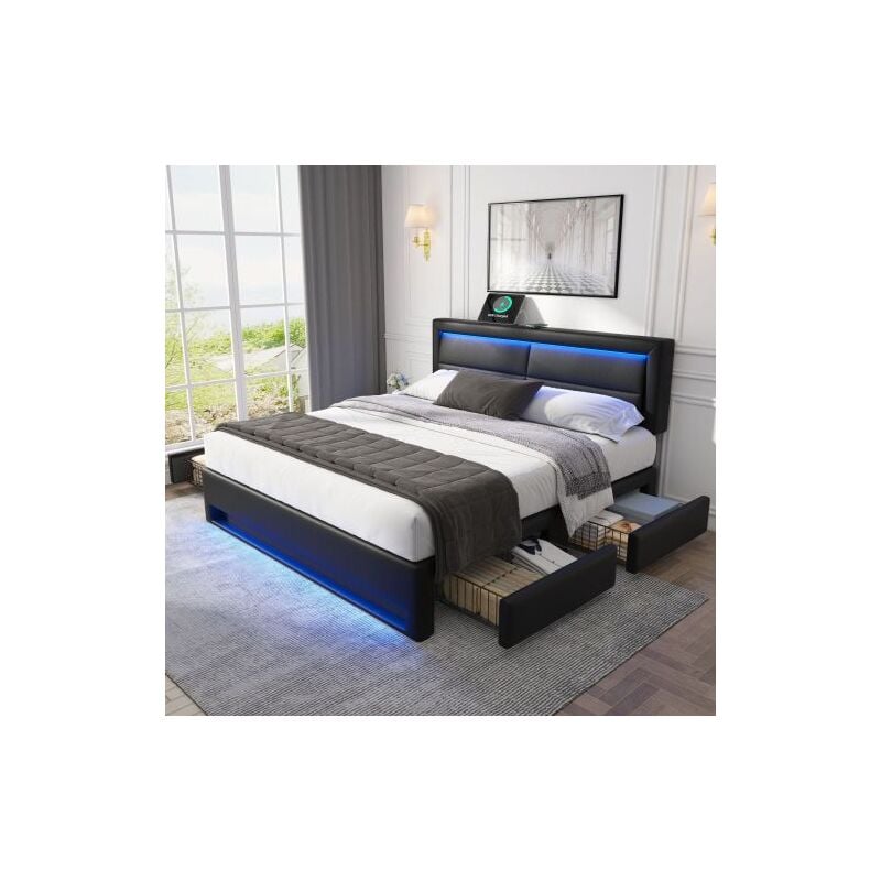 Wishdor - Lit adulte 160x200 cm, lit double capitonné avec port usb et éclairage led, 4 tiroirs, similicuir, noir, sans matelas