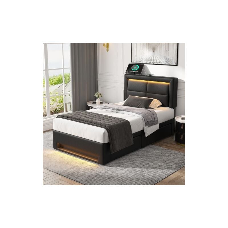 Wishdor - Lit adulte 90x190 cm, lit simple capitonné avec port usb et éclairage led, 4 tiroirs, similicuir, noir, sans matelas