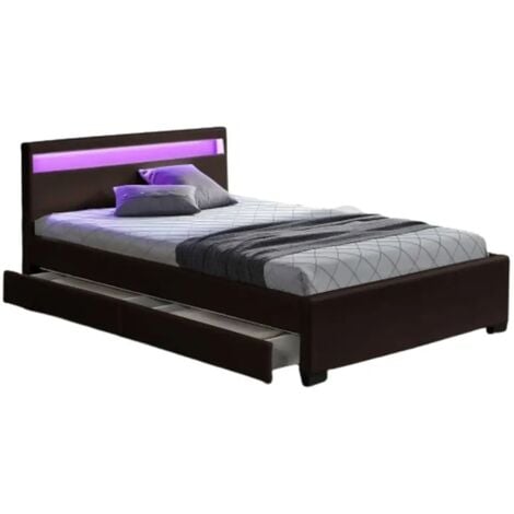 HOMY FRANCE Lit adulte 140x190 cm TIROIRS et LED Noir sommier inclus