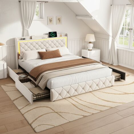 Lit adulte 140x190, lit double avec 4 tiroirs - tête de lit décorée de losanges avec bande lumineuse LED et USB, sommier à lattes - velours, Beige