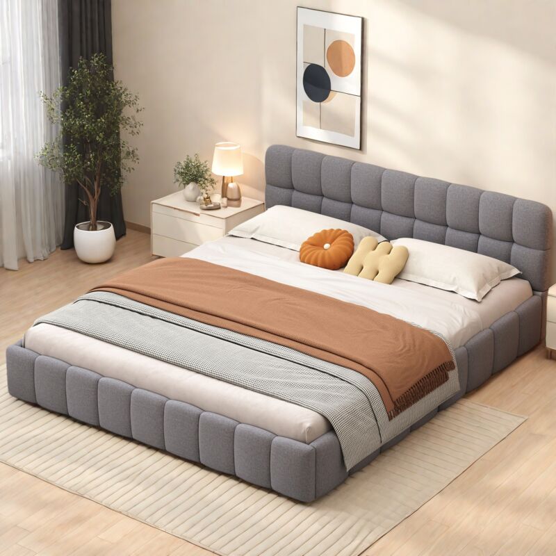 Lit adulte 160x200, Lit double, Lit capitonne avec dossier moelleux, lit plat avec bordure rembourrée, lit au sol, lit bas, sommier à lattes, tête de