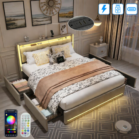 Lit Adulte 140x190CM avec 4 Tiroir - avec LED réglable et charge USB Tpye C - Lit Coffre avec Rangement - Lit 2 Personnes avec sommier - Métal - Lin Beige