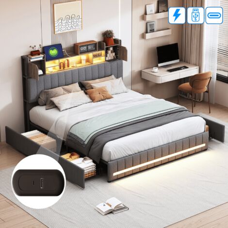 Lit adulte 140x190cm avec 4 tiroirs, Lit double capitonné avec éclairage LED réglable, Ports USB et Type C, Tête de lit avec rangement, Lin, Gris