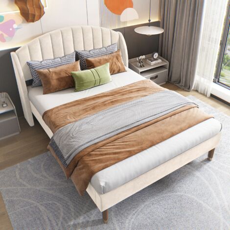 Lit adulte 140x190cm,  avec tête de lit, sommier à lattes, lit jeune, lit simple, support à lattes en bois, Velours, Beige