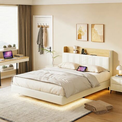 Lit adulte 140x190cm, Cadre de lit flottant avec éclairage LED et ports USB, Tête de lit rembourrée avec rangement et sommier à lattes, 2 personnes, PU, Blanc